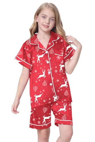 Image of Schbbbta Girls Womens Pajamas, Satin Silky Pjs Set Kids 2Pcs Button-Down Nightwear Sleepwear Gift for Mommy and me
