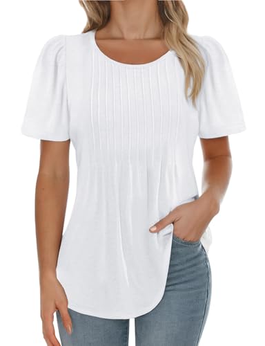 AURUZA Womens T Shirts, Short Sleeve Tops Dressy Casual Pleated Summer Shirts Scoop Neck Tshirts Tunic Tops Fashion