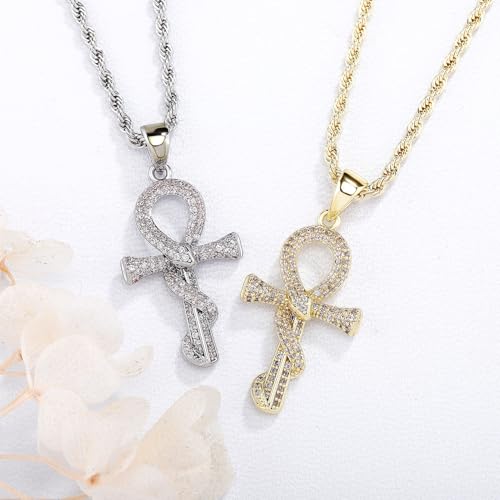 JINAO Ankh Cross Necklace for Men 14K Gold Plated - Snake Coiled Egyptian Symbol Cross Pendant with 5A Cubic Zirconia, 24" Rope Chain Men’s Jewelry3