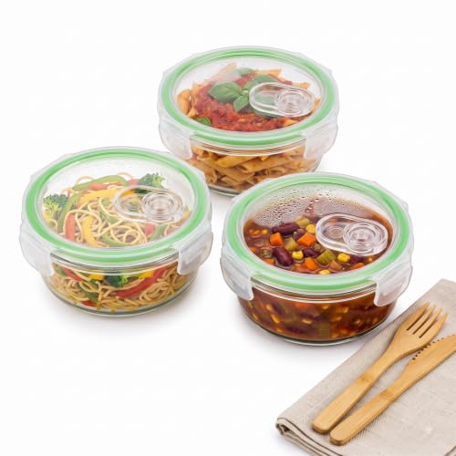 Image of Borosilicate Glass Containers with Air-Vent Lids, Round | 400 ml, Set of 3 | Airtight & Leakproof | Microwave, Freezer & Dishwasher Safe for Kitchen, Fridge and Lunch