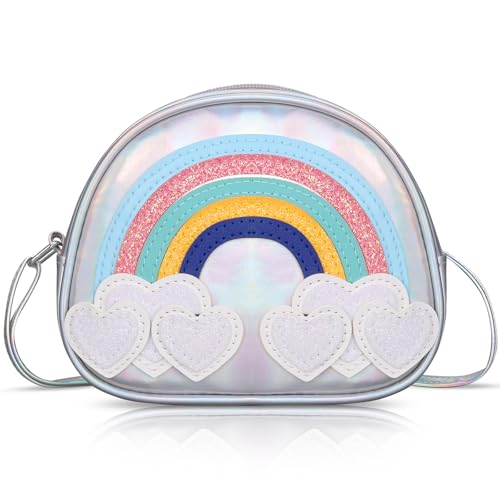 Girls Toddler Purse Crossbody Bag for Kids - Lightweight Little Girl Purses with Adjustable Strap, Silver Rainbow Wallet Handbag Small Shoulder Bags Mini Cross Body Bag Gift