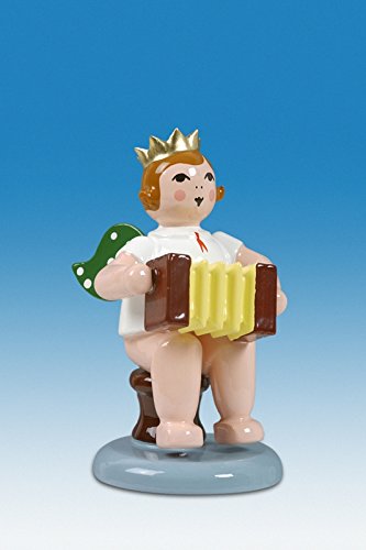 Ange de Noël en bois de 6 cm avec harmonica et couronne dorée