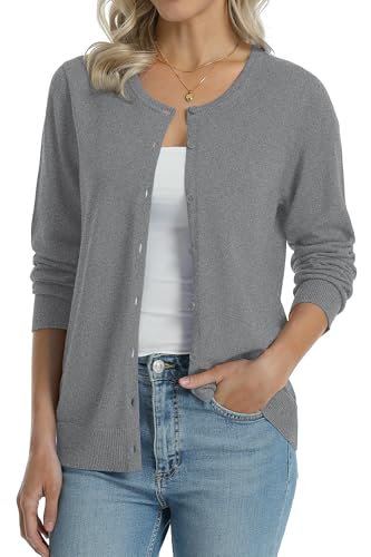Image of QUALFORT Women's 100% Cotton Lightweight Cardigans Long Sleeve Knitted Button Down Sweater