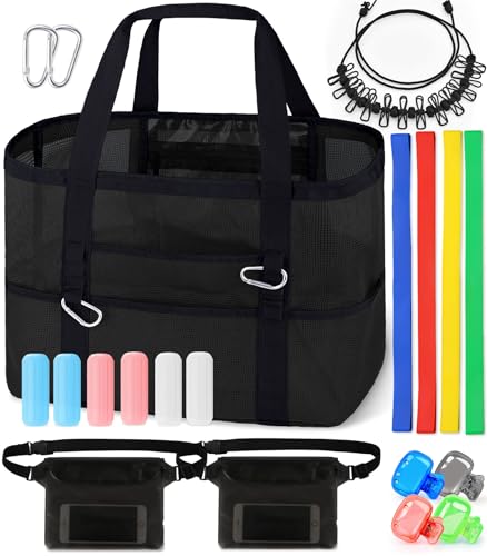 XX-Large Mesh Beach Bag Tote - 9 Pockets for Family Travel/Vacation & Beach Essentials, Foldable & Lightwiht