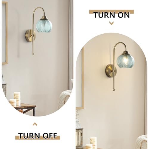 Image of KCO Lighting Brushed Gold Wall Sconce Light Set of 2 Vintage Green Glass Wall Sconce Modern Globe Bathroom Vanity Light Fixture for Stair Corner Hallway