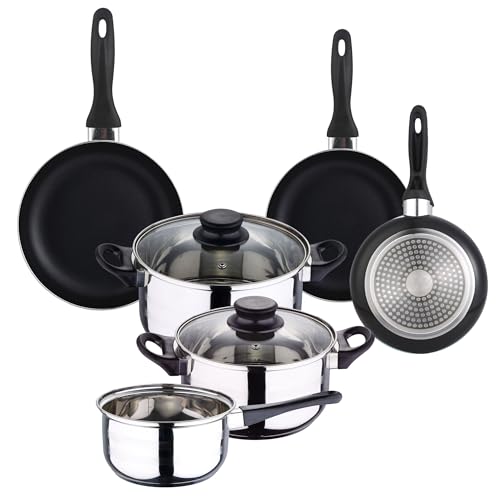 Well Home Set de Batería de cocina de 5pc en acero inoxidable + 3 Sartenes Ø16Ø20Ø24cm Negro en aluminio prensado