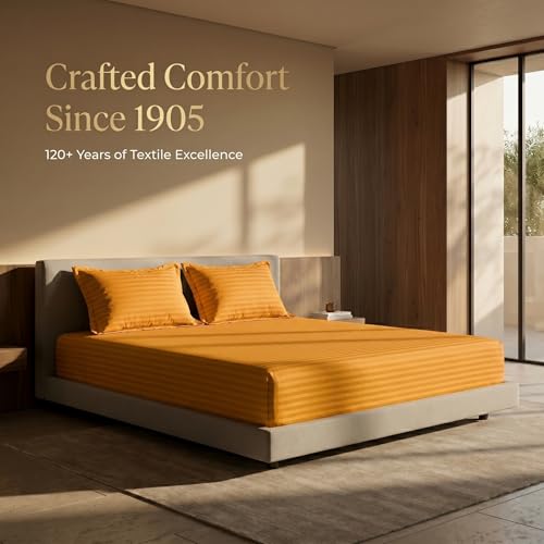 Image of Mafatlal Italian Strip King Size Bed Sheet Cotton with 2 Pillow Covers | 210 TC Pure Cotton Flat Bedsheet Yellow | 108 x 108 Inches| Soft & Durable