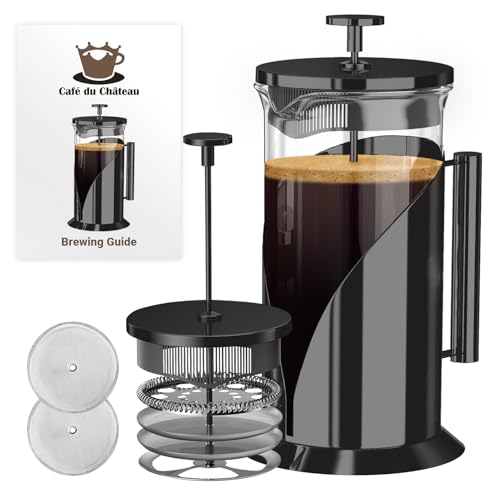 Cafe Du Chateau Stainless Steel French Press Coffee Maker 34 oz - Easy to Use Insulated Coffee Press with 4-Level Filtration, Manual Brewer for Tea, Camping & Travel with BPA Free, Durable Clear Glass by Cafe Du Chateau - Used condition - US$38.93