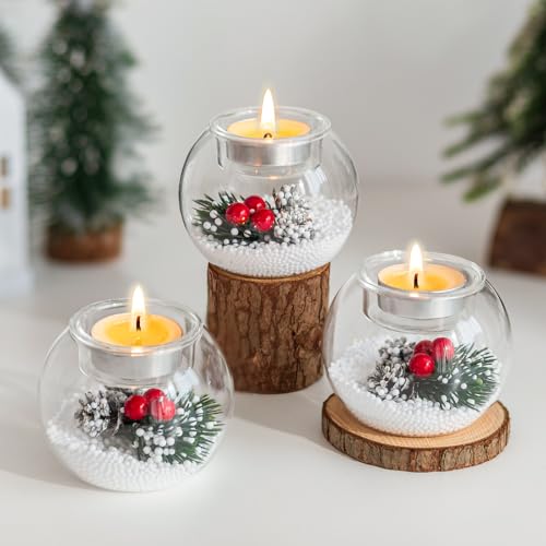 Christmas Candle Holders Table Decoration: Hewory 3 pcs Xmas Tealight Holders with Red Berry Pinecones Christmas Table Centrepiece for Dining Room Party Decorations