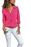 Blusas de manga larga para mujer, color sólido, corte ajustado, con 2 bolsillos y botones, blusas de manga larga, monocolor, camiseta para mujer, cómoda, cuello en V, Rosa-b, L