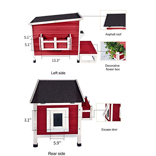 ROCKEVER Outdoor Cat Shelter with Escape Door Rainproof Outside Kitty House Single Story for Two-Three Cats Color Wine Red - Thumbnail 2