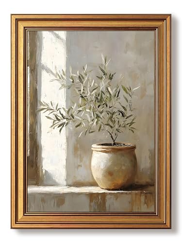 Vintage Gold Framed Olive Tree Canvas Wall Art, Neutral Botanical Pictures Wall Decor, Rustic Potted Plant Paintings Prints, Organic Modern Farmhouse Artwork for Living Room Bedroom 8x10 Inch
