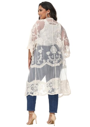Anna-Kaci Women's Plus Size Lace Cardigan Embroidered Long Kimono Dusters with Half Sleeves2