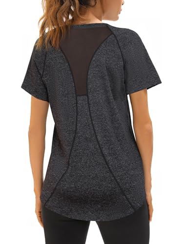 Wayleb Sport Tshirts Damen Kurzarm Funktionsshirt Laufshirt Leicht Atmungsaktiv Sportshirt Back Mesh Schnell Trocken T-Shirt Oberteil Shortsleeve Gym Tops, schwarz XL