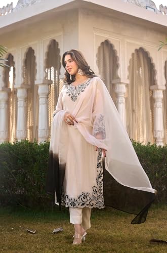 Image of GoSriKi Kurta Sets for Women Viscose Embroidered | Kurti Set for Woman | Straight Kurta Palazzo Dupatta Set | 3 Piece Set Women | Round Neck V-Slit Full Sleeve Stylish Ethnic Outfit Clothing