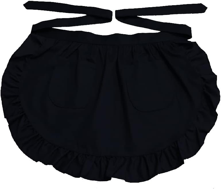 Hyzrz Waist Ruffle Adjustable Apron Kitchen Cooking Restaurant Cotton Bistro Retro Half Aprons with Pockets For Girl Woman (Black)