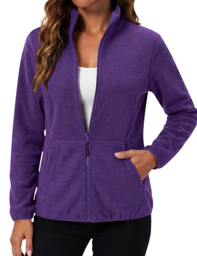 LOMON Fleece Jacket Women with 6 Pockets Winter Full Zip Coat(Purple,L)