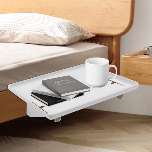 Mesita Colgante de Cama con Clip 32×23,3×5,3 cm en ABS Blanca, Estante para Cama con Pasacables, Organizador para Colocar Entre Colchón y Marco, Bandeja Suspendida para Dormitorio Pequeño, Ventana
