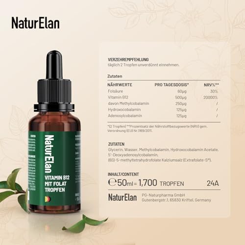 Vitamin B12 Hochdosiert Tropfen - 500µg B12 und 60µg Folsäure pro Tagesdosis, 3 Aktivformen B12 und bioaktive Folsäure, 50ml, Ohne synthetische Zusätze, Vegan, in Deutschland Produziert NaturElan