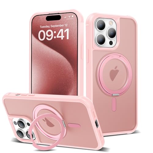 Image of Compatible with iPhone 15 Pro Max Case with Stand 6.7 inch,Pink | Matte Translucent Phone Case for iPhone 15 Pro Max,360 Magnetic Ring Stand,Compatible Mag-Safe,Military Grade Protection