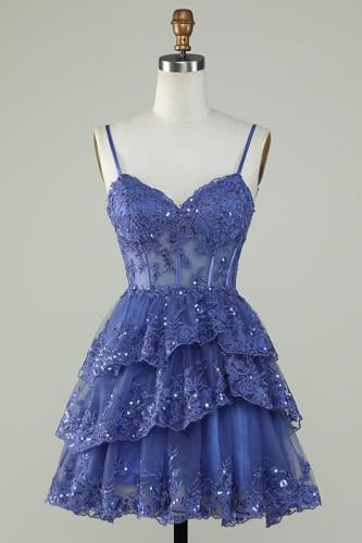 Short Sequin Homecoming Dresses Tulle Sparkly A-Line Corset Lace Prom Dress2