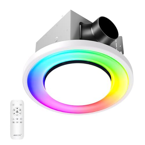 Image of Akicon Bathroom Exhaust Fan with RGB LED Mode, 110 CFM 1.5 Sone Ultra Quiet Bathroom Vent Fan with 3CCT Light & Nightlight, Ceiling Mount, Remote Control, Round (White)