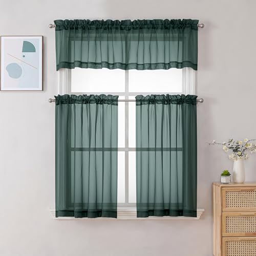 Image of Chyhomenyc Sheer Valances for Windows 2 Pack, Small Window Curtains for Living Room Bathroom, Modern Top Dual Rod Pocket Basement Curtains for Small Window, 42Wx14L inches, 2PCS, Hunter Green