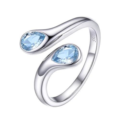PROSILVER S925 Sterling Silver Rings for Women Dainty Birthstone Statement Ring, Dual Pear-Cut Gemstones, Open Band Rings, Jan - Dec Available 03 Mar (Aquamarine)