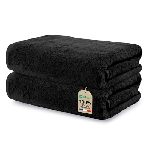 Ôhm Lot de 2 Serviettes de Bain Noir 70x140 cm Grande Taille 100% Coton 500 g/m² Douces et Ultra Absorbantes Certifiées Oeko-TEX