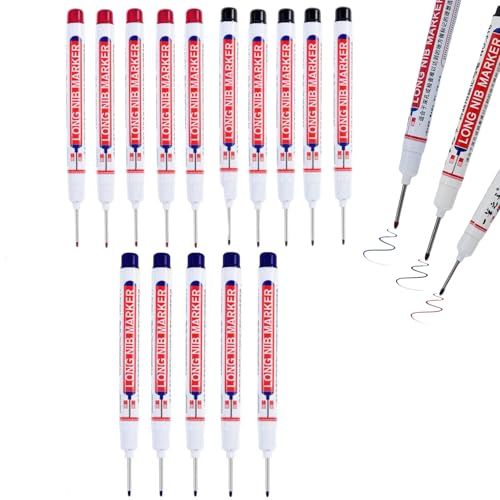 KATIMI 15 Pieces Deep Hole Marker Pens 20 mm Long Head Deep Hole Marker Pen Black Red Blue Woodworking Markers Multi-Purpose Marking Tool for Permanent Marking of Hard To Reach Areas