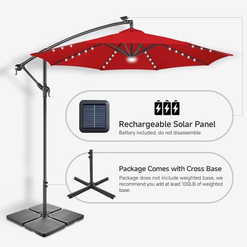 Image of Solar Offset Patio Umbrella - 10 FT Solar Cantilever Umbrella Outdoor with 40 LED Lights and Cross Base, UV Protection for Garden, Deck, Backyard, Pool, Porch, Red