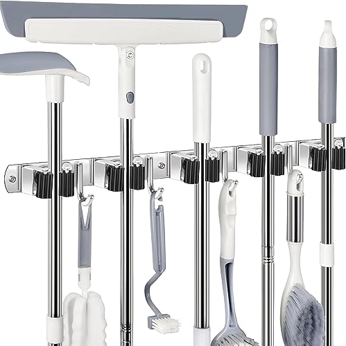 Jarcieria, Tools Aserose Organizador de Escobas, Colgador de Escobas y Fregonas con 5 Posiciones y 4 Ganchos de Acero Inoxidable, Soporte Escobas Autoadhesivo de Pared, Sujeta...