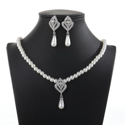 Pendientes y collar vintage de perlas de imitación con acabado de alta joyería para mujer 5
