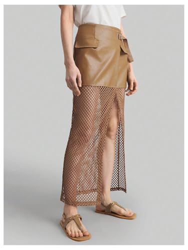 MakeMeChic Women's PU Leather Buckle Cargo Skirt Wrap Sheer Summer Long Skirts Streetwear3