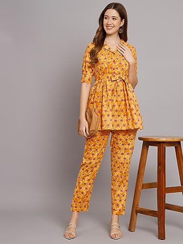 Image of Women's Cotton Regular Fit V Neck Printed Top with Trouser Co-ords Set with Fashion & Elegant Design (1 Top 1 Pant 1 Belt)