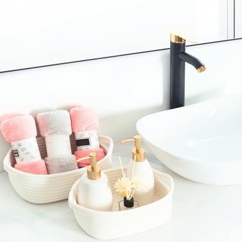 Image of MINTWOOD Design 5-Piece Small Decorative Woven Storage Baskets Set for Shelves, Bathroom, Pantry and Nightstand Organizer, Catch All Tray for Organizing Gifts, Dog and Cat Toys, Creamy White