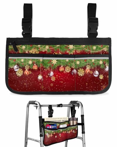 Anzona Red Merry Christmas Wheelchair Side Bag Walker Bag, Winter Ball Pine Twig Snowflake Wheelchair Accessories Armrest Pouch, Organizer Storage Bag for Walkers, Rollators, Scooters, 7.3''x13''