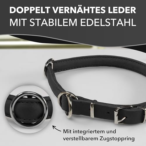 Rund & Weich - Zugstopp Hundehalsband Schwarz XL - 60cm Lederhalsband mit Zugbegrenzung und Verstellbarer Schnalle, Dressurhalsung, Zugstopper, robust, Rindsleder