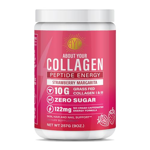 ABOUT YOUR COLLAGEN Peptide Energy Collagen Powder Hair Nail Skin Type I & III Caffeine for Energy Vitamin C Biotin Hyaluronic Acid Zero Sugar 8.92 oz (Strawberry Margarita)