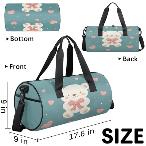 Cute White Bear Round Barrel Sports Fitness Bag, Travel Luggage Bag, Reusable Handbag, Suitable For Men and Women3