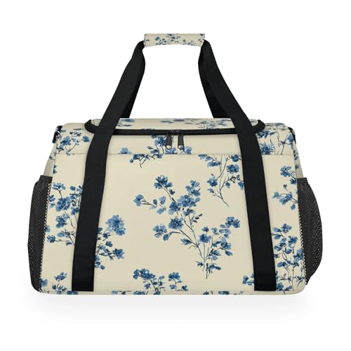 Flowers Blue Retro Travel Duffel Bag Weekender Overnight Bags for Women Men Foldable Waterproof Tote Bag with Trolley Sleeve