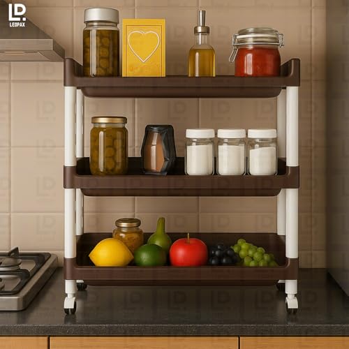 Image of LEOPAX 3 Layers Plastic Rolling Storage Rack | Multipurpose Stackable Storage Rack with Wheels for Kitchen Laundry Room Bathroom Office Home - Brown (50 x 30 x 54cm)