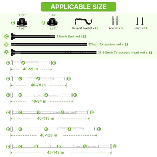 Image of Long Tension Curtain Rod 40-148inch Black Curtain Rods no Drilling Adjustable Tension Rod for Windows,bathroom,Patio,Doorway,Heavy Duty Spring Rods Diameter 1.26inch