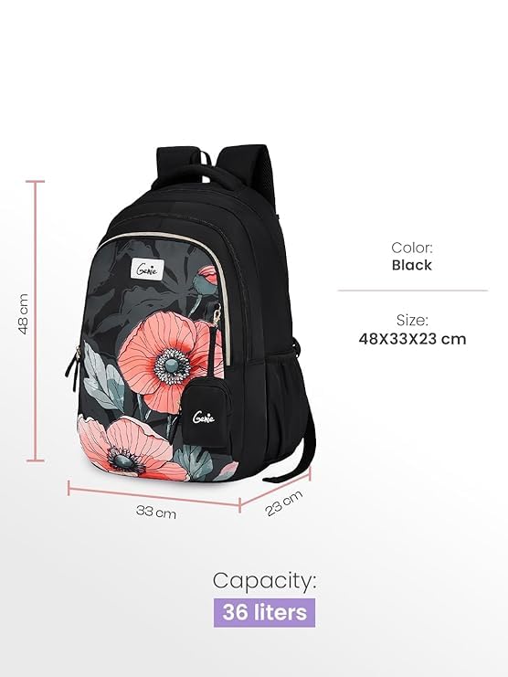 Image of Genie Aurela School Backpack For Girls |19 Inch-36 Litres With Three Compartments, Light Weight with Padded Shoulders |Best for Books, Water Bottles, Stationery, Lunch Box & Essentials - Black