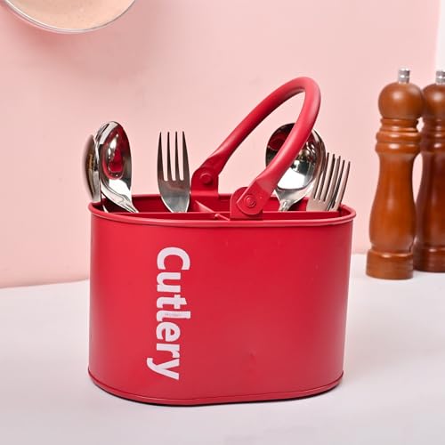 Image of MARKET 99 Galvanised Iron Red Cutlery Holder with Oval Shape and Matte Finish | Knife and Fork Holder for Kitchen | Cutlery Stand | Dining Utensil Rack for Dining Table