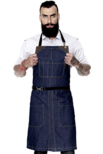 Under NY Sky Delantal Azul - Tela Vaquera Profesional - Cierre sin Amarras - Multi Bolsillos - Ajustable, Hombres, Mujeres, Chef, Barista, Barbero, Barman, Dependiente de Tenda, Artista del tatuaje