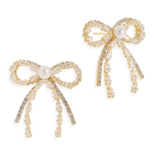 BXDA Dainty Rhinestone Pearl Bow Stud Earrings for Women, Statement Fashion 14K Gold Cubic Zirconia Earing Bridal Wedding Prom Gewelry Gift
