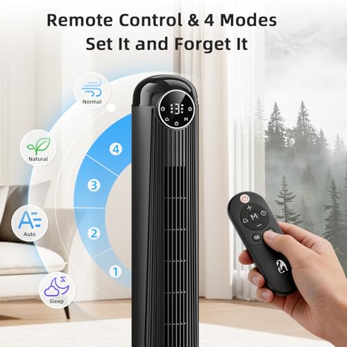 Image of Antarctic Star T42 Tower Fan-42 Inch, Bladeless Oscillating Fan with Remote, 6 Speeds & 4 Modes, LED Display, 9H Timer, Quiet Floor Standing Fan for Bedroom Living Room Office, Black