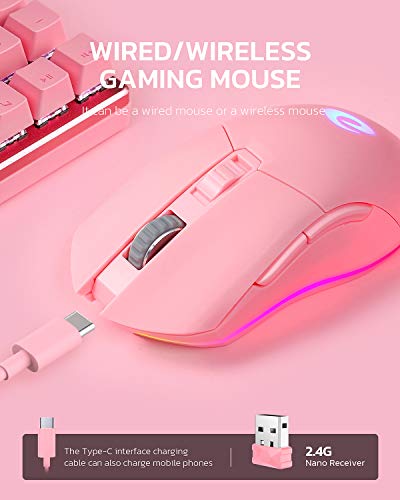Dareu Pink Wireless Wired Gaming Mouse Dual-Mode Rechargeable 7 Programmable Buttons,10K Dpi,Rgb And 7 Adjustable Dpi Levels Up To [150Ips] [1000Hz Polling Rate] For Pc Notebook Mac #TOP2