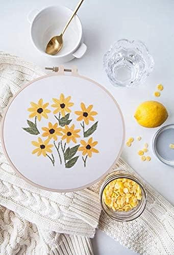 Beginner Embroidery kit with Pattern and Needle, Hand Stamped Embroidery Kits for Adults with Instructions Include Color Thread, Plastic Hoop & Cotton Fabric (Yellow Smail Daisies)……